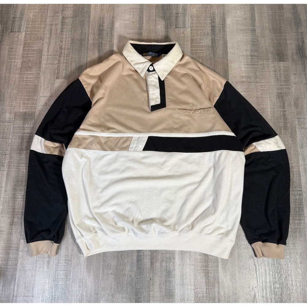 Puritan Special Edition Mens Large Colorblock Long Sleeve Polo Sweatshirt Rugby